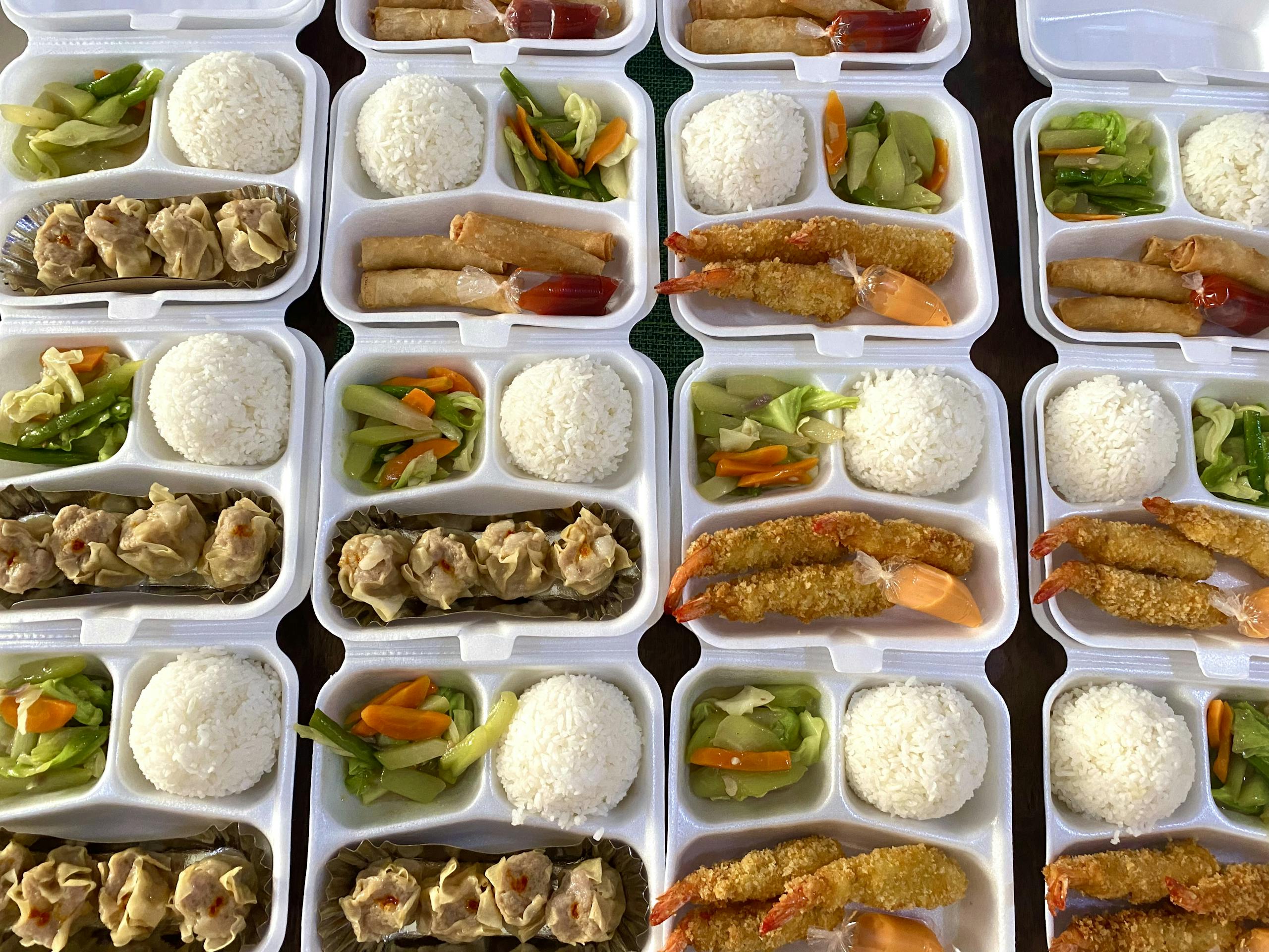 Full Shot of Packaged Lunches with Rice and Vegetables